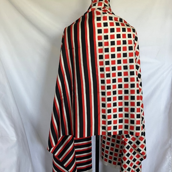 NORELL Silk Red and Black Checker and Stripe Print Fringe Hem Scarf Shawl - Picture 4 of 7